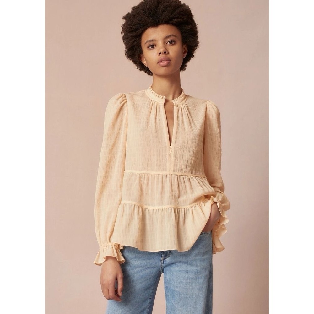 ME+EM Tiered Seersucker Check Swing Long‎ Sleeve Blouse Buttermilk Cream 12